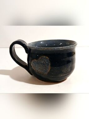 Handcrafted Blue Ceramic Small Mug with Heart Accent Signed